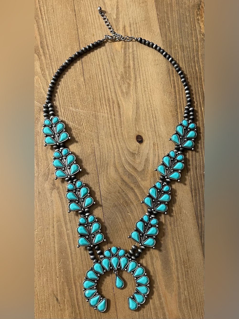 Faux Turquoise Squash Blossom Style Western Necklace